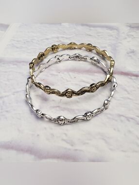 SET OF 2 Metal Bangle Bracelets Guardian Angel Faces And Stamped Message